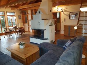 ein Wohnzimmer mit 2 Sofas und einem Kamin in der Unterkunft Ferienhaus Am Kauersberg in Fellen