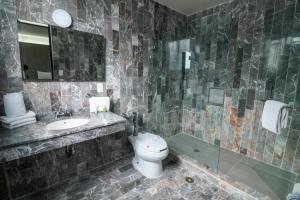 une salle de bains avec toilettes, lavabo et douche dans l'établissement Mallorca Hotel , à Mexico