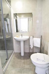 a bathroom with a sink and a toilet and a shower at Suite Premium - Cathedral of Malaga in M&aacute;laga
