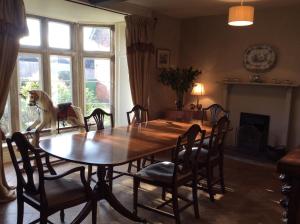 a dog sitting on top of a table in a dining room at Castle Farm House B&B in Corby