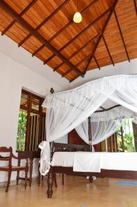 a bedroom with two beds and a wooden ceiling at Villa Helvetia in Galle