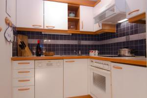 a kitchen with white cabinets and blue tiles at Ferienhaus Aurora in Kals am Großglockner