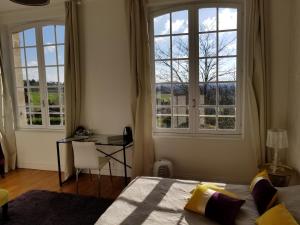 1 dormitorio con 2 ventanas, 1 cama y escritorio en Domaine de Bellevue, en Beaupuy