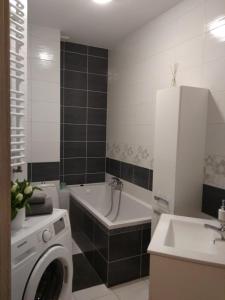 een badkamer met een wasmachine en een wastafel bij Apartament Edelmana in Gorzów Wielkopolski