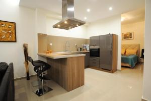 a kitchen with a counter and a sink and a refrigerator at Thalia Premium Apartment in Kavála