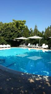a swimming pool with white chairs and umbrellas at Agriturismo Pirro in Troia