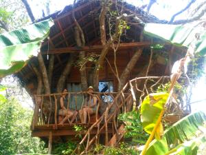 Dos mujeres sentadas en el balcón de una casa en un árbol en Habarana Tree House Ambasewana Resort en Habarana