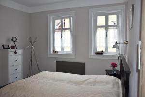 a white bedroom with a bed and two windows at Apartment Therme Natur - Ferienhaus "Zum Goldenen Löwen" in Bad Rodach