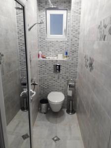 ein kleines Bad mit einem WC und einem Spiegel in der Unterkunft Apart Magic in Kardschali
