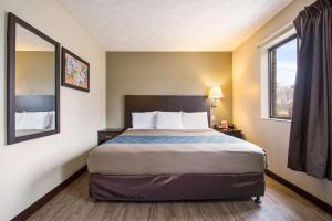 um quarto de hotel com uma cama e uma janela em Econo Lodge Olathe - Kansas City em Olathe