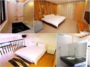 three pictures of a bedroom with two beds and a sink at Sanyi Homestay in Sanyi