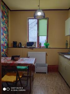 a kitchen with a table and a dining room at Hostel Vokzal in Mukacheve