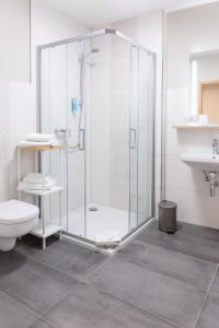 a bathroom with a shower with a toilet and a sink at Altstadt-Hotel in Stendal
