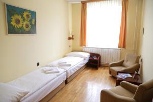 Habitación con 2 camas, silla y ventana en Hotel Bara Gellért, en Budapest