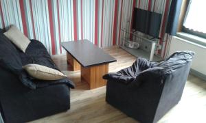 uma sala de estar com duas cadeiras e uma mesa e uma televisão em Ferienwohnung ROSA em Hahausen