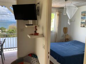 a bedroom with a bed and a flat screen tv at COEUR SUR LA MAIN in Le Diamant