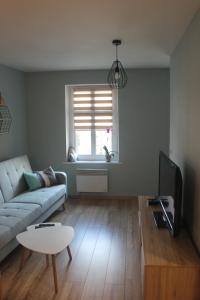 a living room with a couch and a table at Apartament Bankowa in Jelenia Góra
