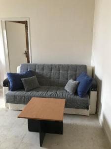 salon z szarą kanapą i niebieskimi poduszkami w obiekcie Apartment Igor w Budvie