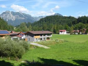 a house in a field with mountains in the background at Ferienwohnung Berglieb in Oberstdorf