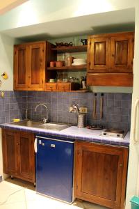cocina con armarios de madera y lavavajillas azul en Casa Alice en Rio nellʼElba