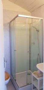 La salle de bains est pourvue d'une douche en verre et de toilettes. dans l'établissement Mas des cypres, à Saintes-Maries-de-la-Mer