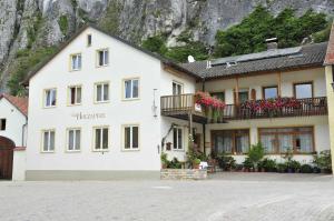 a large white building with flowers in front of a mountain at Pension Holzapfel in Essing