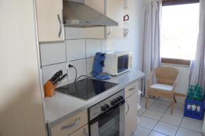 eine kleine Küche mit einer Spüle und einer Mikrowelle in der Unterkunft Ferienwohnung-Osten in Schenefeld