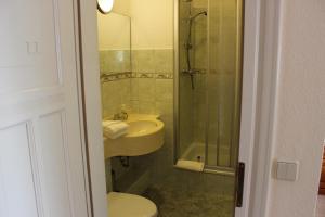 a bathroom with a sink and a shower and a toilet at Villa Jagdhaus in Wernigerode