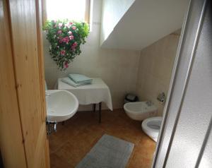 a bathroom with a sink and a toilet and a plant at Naschthof in Dobbiaco