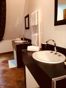a bathroom with two sinks and a large mirror at Le Puits D'Angle in Thibivillers