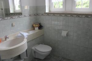 a white bathroom with a sink and a toilet at Villa Jagdhaus in Wernigerode
