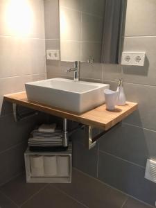 a bathroom with a white sink on a wooden shelf at Ferienwohnung Börner ll in Kniebis +11 photos
