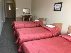 three beds in a hotel room with red sheets at Hotel Dunajec in Zgłobice