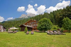 a group of lounge chairs in a field in front of a lodge at Hotel La Molinella in Soraga