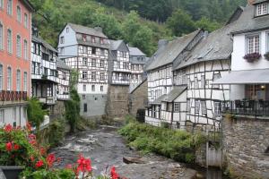un grupo de casas en una ciudad con un río en Eifellounge, en Monschau