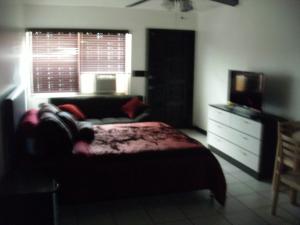1 dormitorio con 1 cama, vestidor y TV en Newly Furnished Large Clean Quiet Private Unit, en Fort Lauderdale
