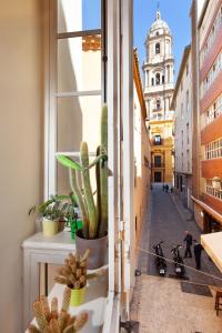 a view of a city street from a window with cactus at INMálaga Fresca II in Málaga