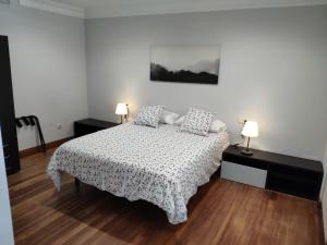 a bedroom with a bed and two lamps on tables at Villa Antumalal B&B in Málaga