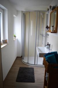 a bathroom with a shower and a sink at Deine Ferienwohnung in Falkenstein