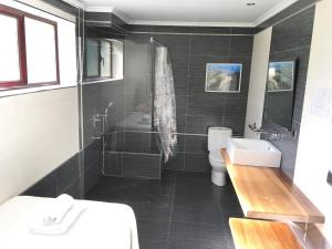 uma casa de banho com um chuveiro, um WC e um lavatório. em Somo Surfskate hostel em Castanedo