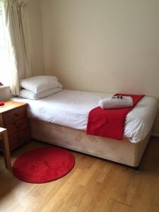 a bedroom with a bed with a red rug at Red Lion Accommodation in Abingdon