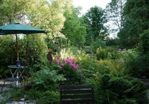 a garden with a bench and an umbrella at Grashöfle in Höhenbrunn