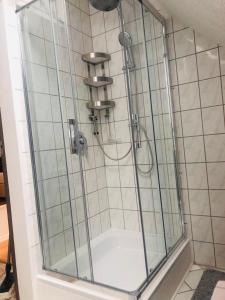 a shower with a glass enclosure in a bathroom at Blackforest Home Gengenbach nahe Europapark Rust in Gengenbach