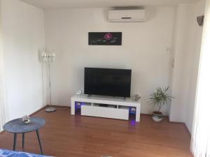 ein Wohnzimmer mit einem Flachbild-TV auf einem weißen Entertainment-Center in der Unterkunft Apartment Emma in Vrbanj