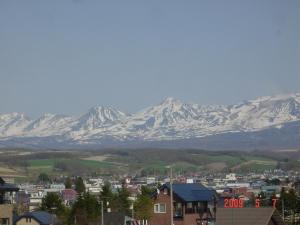 a city with snow covered mountains in the background at Mimatsuso Ryokan in Asahikawa