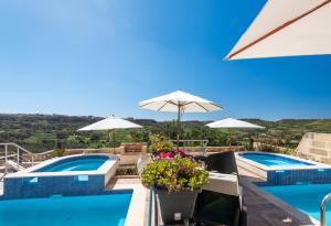 a view of two swimming pools with umbrellas at DGolden Valley Boutique in Xagħra