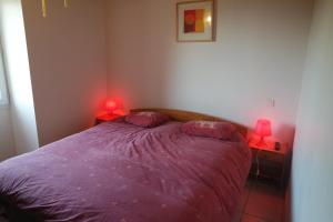 Gite de Lafargue في Cazes-Mondenard: غرفة نوم بسرير من الشراشف الأرجوانية ومصباحين