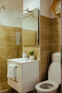 a bathroom with a toilet and a sink and a mirror at Urban Living Apartment in Timişoara