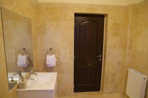 a bathroom with a sink and a black door at Pensiunea Magnolia in Craiova