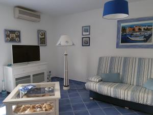 ティシアにあるRésidence U MELU Grand T2 BLEU en rez de jardinのソファとテレビのあるリビングルーム